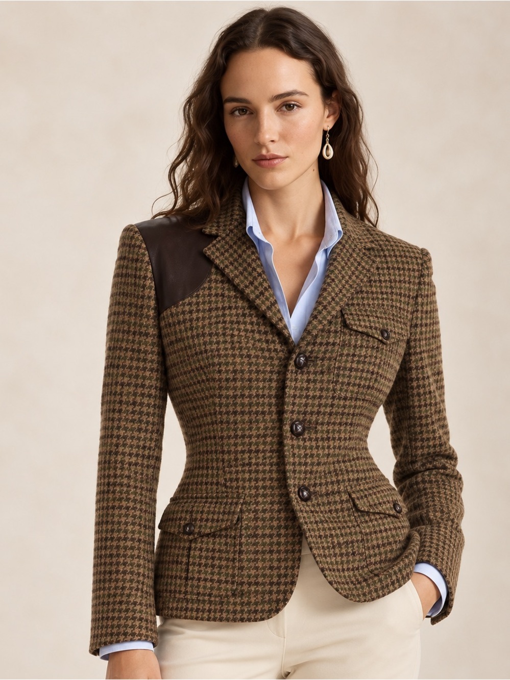 Vintage Ralph Lauren Equestrian Riding Jacket Blazer Herringbone Wool Leather 8